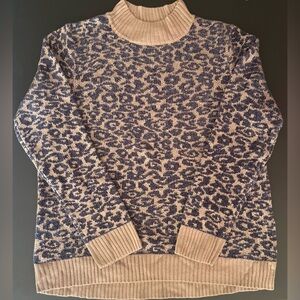 Neiman Marcus Tan and Blue Turtleneck Sweater with Leopard Print